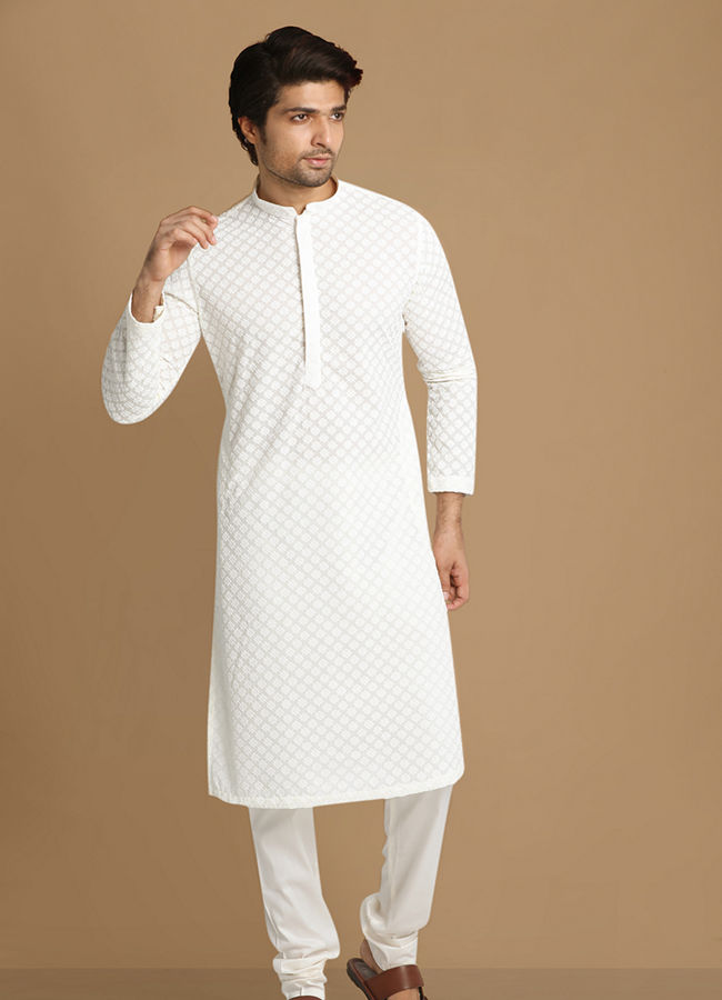 Sea Shell White Embroidered Kurta Pajama image number 1